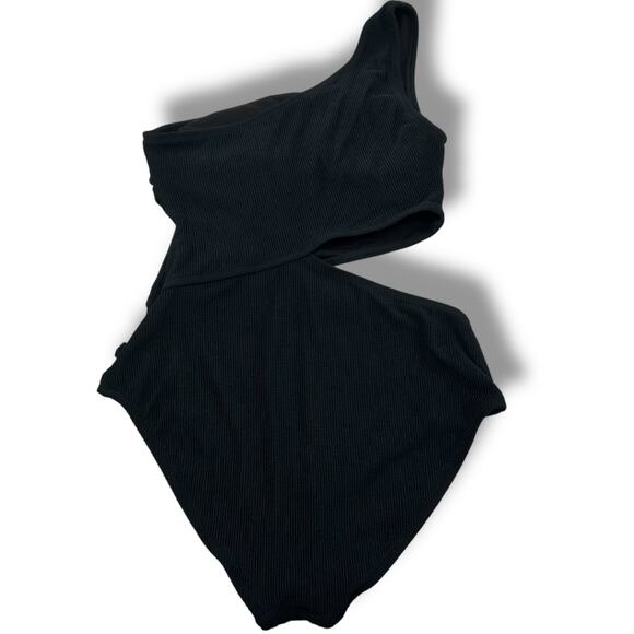 NWT Michael Kors Black One Piece Swimsuit Size 12 One Shoulder Ribbed Cut Outs - Picture 4 of 7
